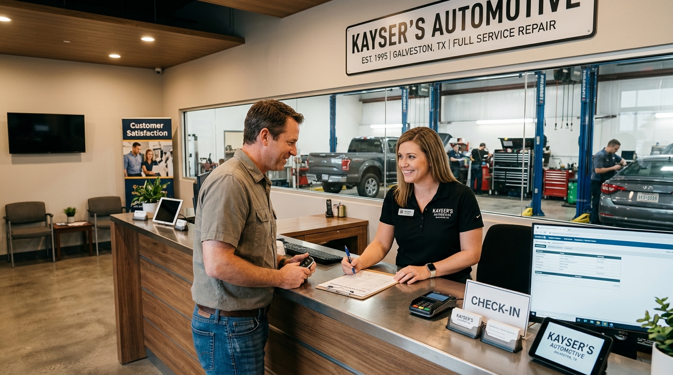 A customer checking in their vehicle at the front desk of Kayser’s Automotive in Galveston, Texas.